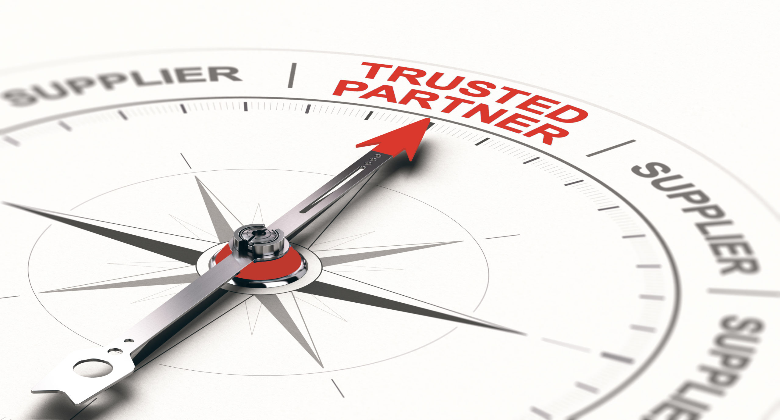 3D illustration of a compass with needdle pointing the text trusted partner. Concept of trustworthy partnership.